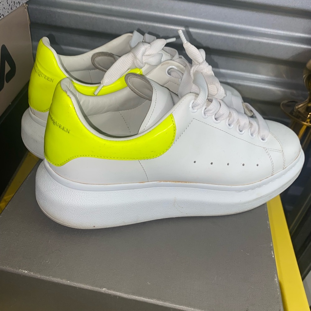 Alexander McQueen White Leather Sneakers with Neon Yellow Heel
